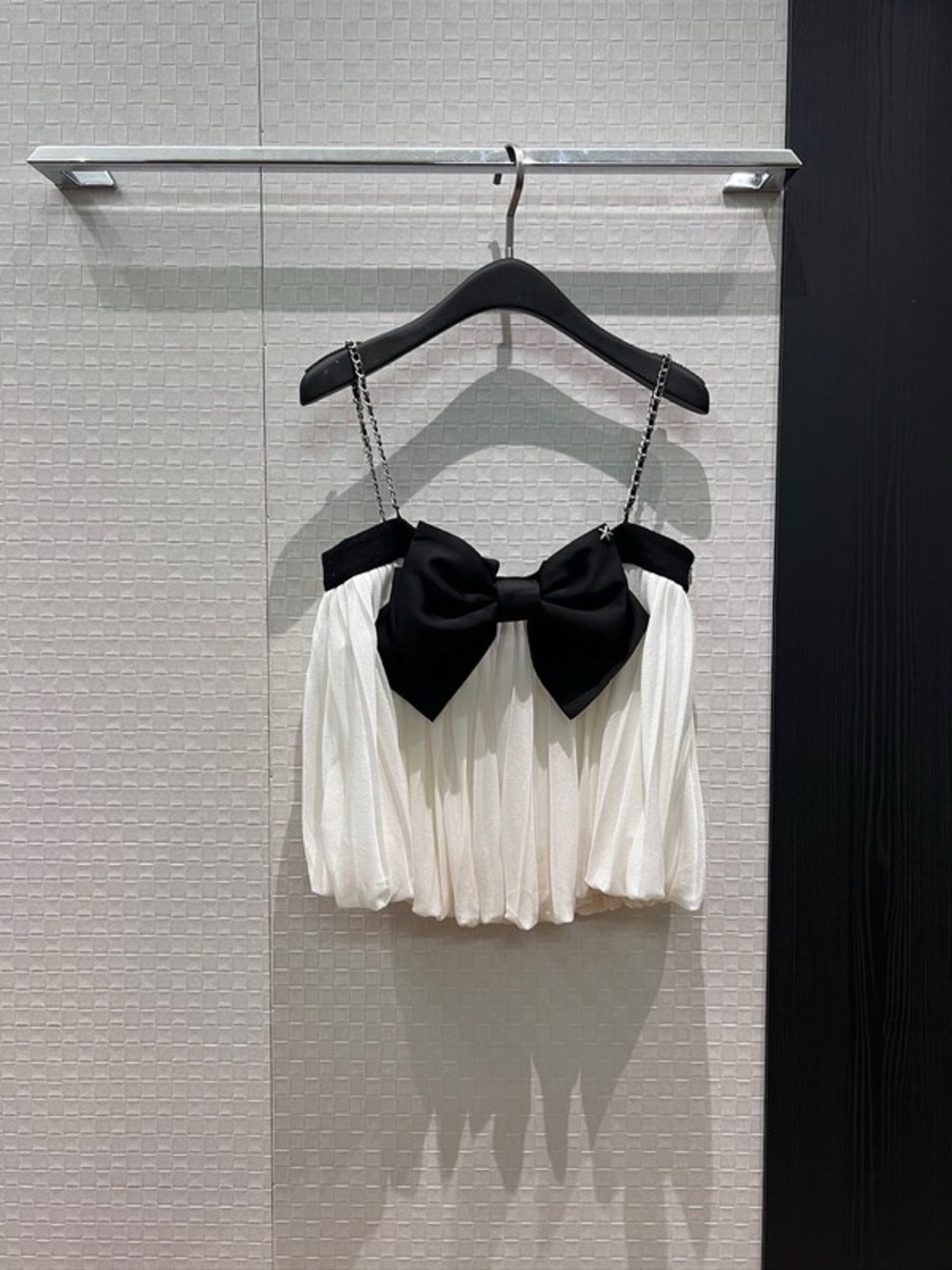 White and Black Bow-Accent Pleated Cami Top